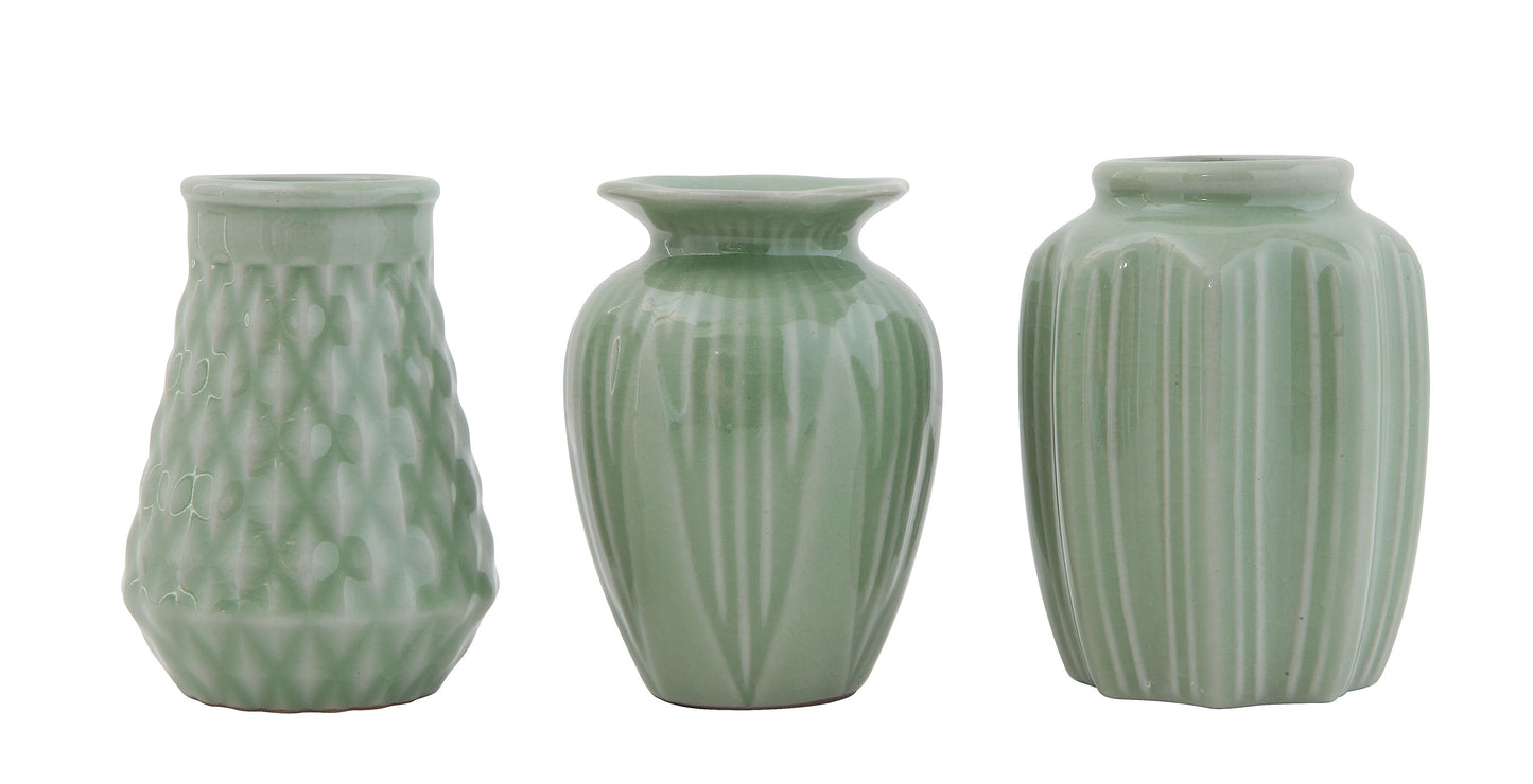 Set de 3 Jarrones de Gres con Esmaltado Jade Craquelado