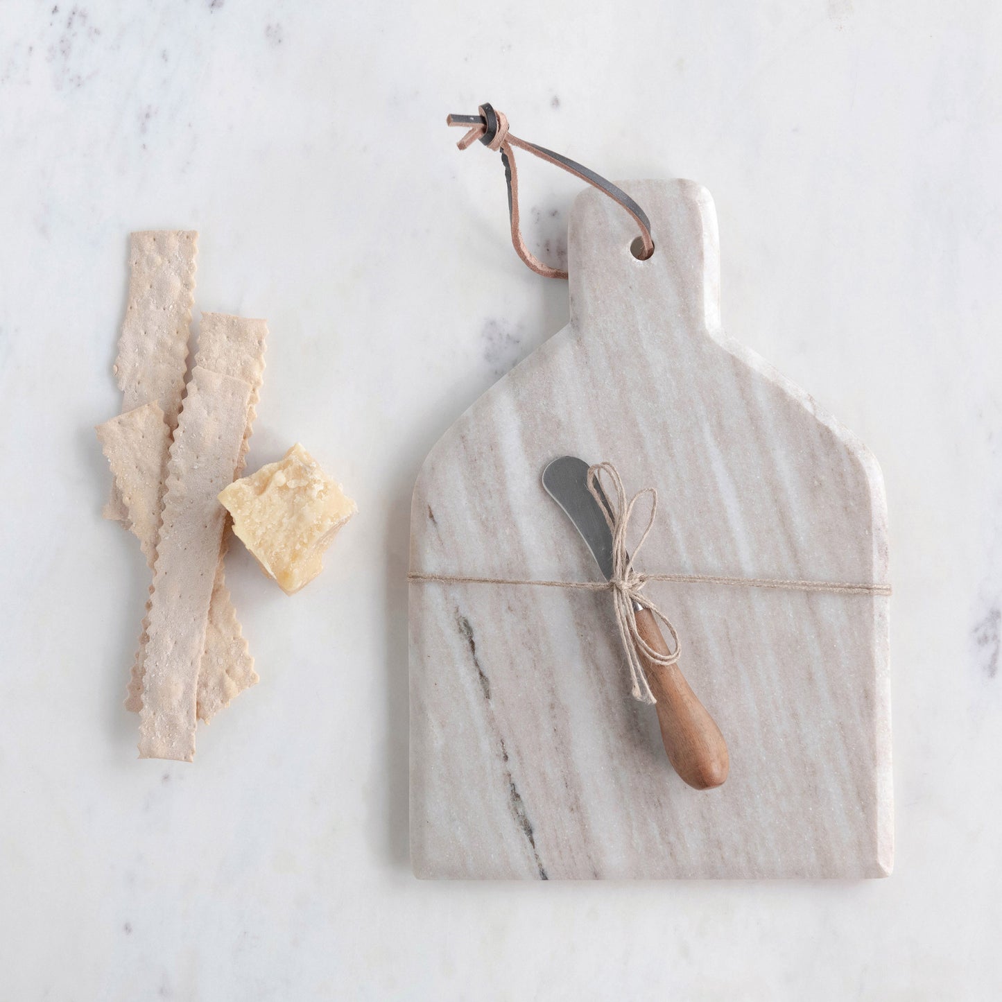 Tabla de Mármol con Cuchillo y Asa de Cuero – Set de 2