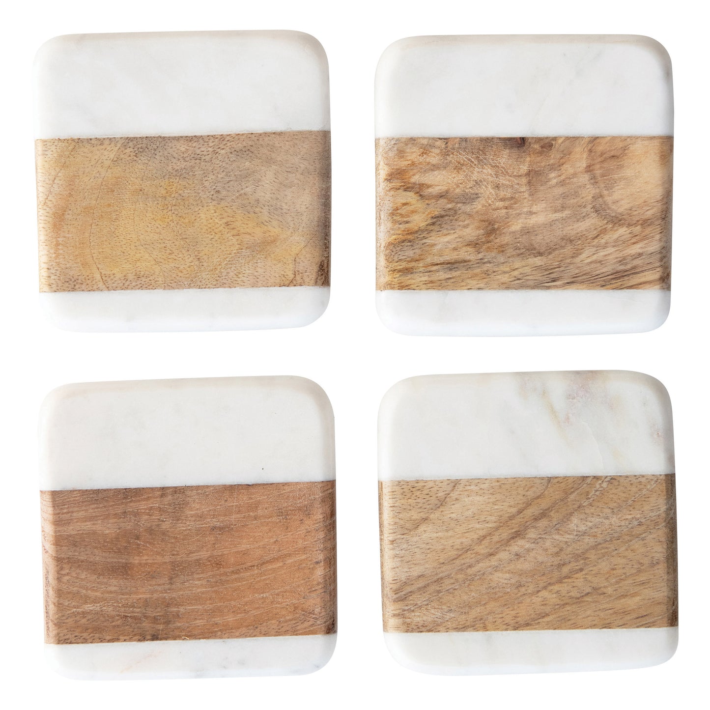 Posavasos de Mármol y Madera de Acacia, Blanco y Natural, Set de 4