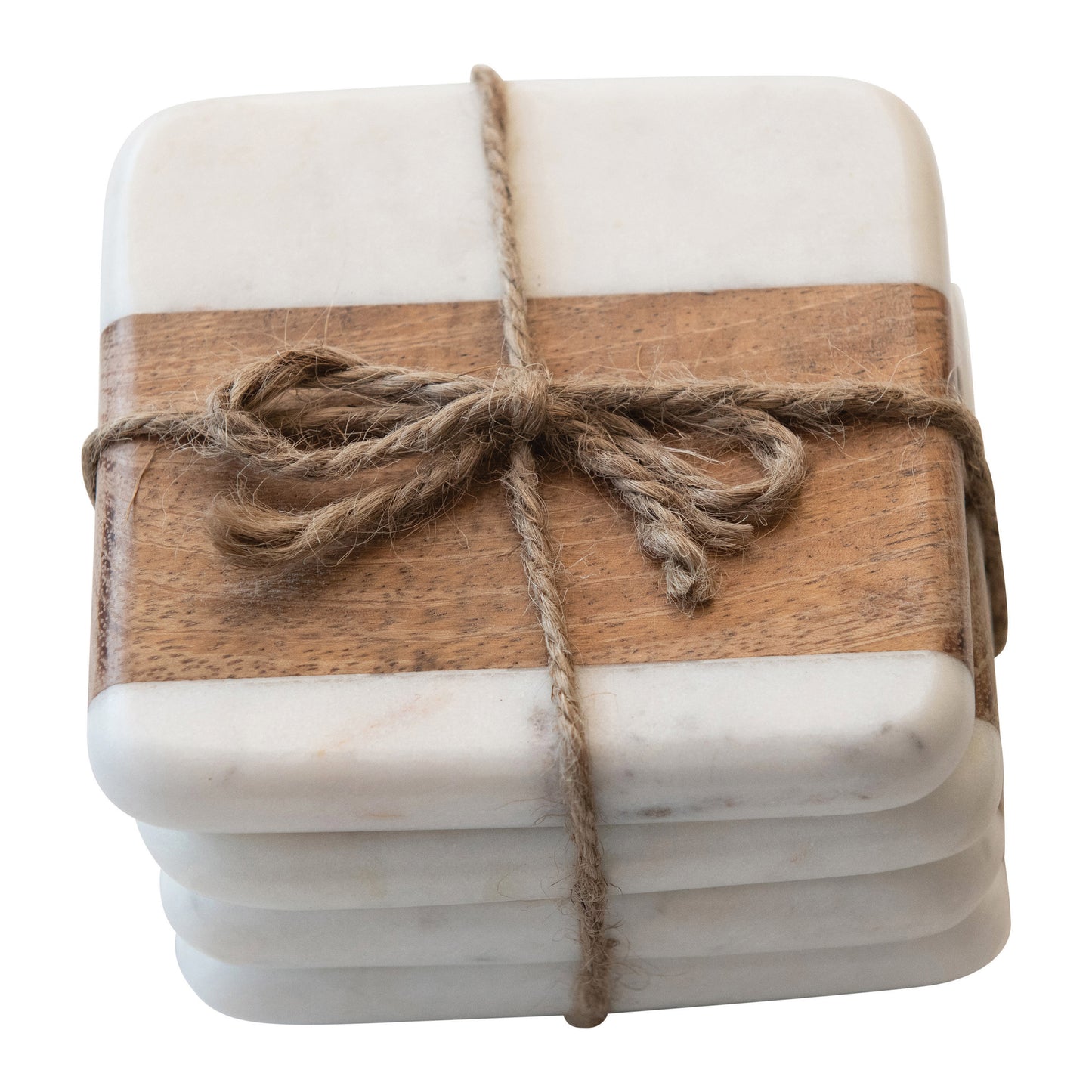 Posavasos de Mármol y Madera de Acacia, Blanco y Natural, Set de 4
