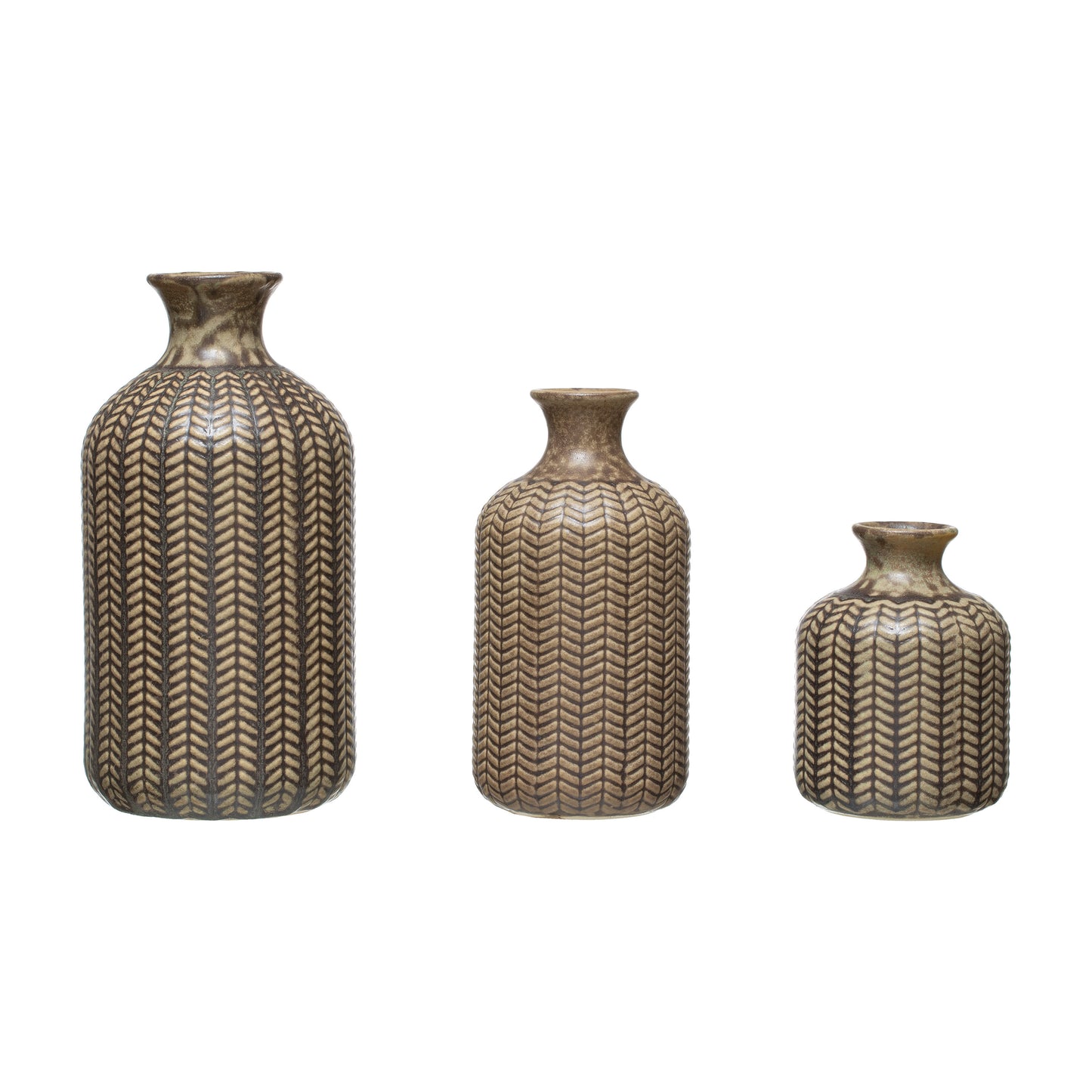 Set de 3 Jarrones de Gres Repujado – Verde Oliva Mate