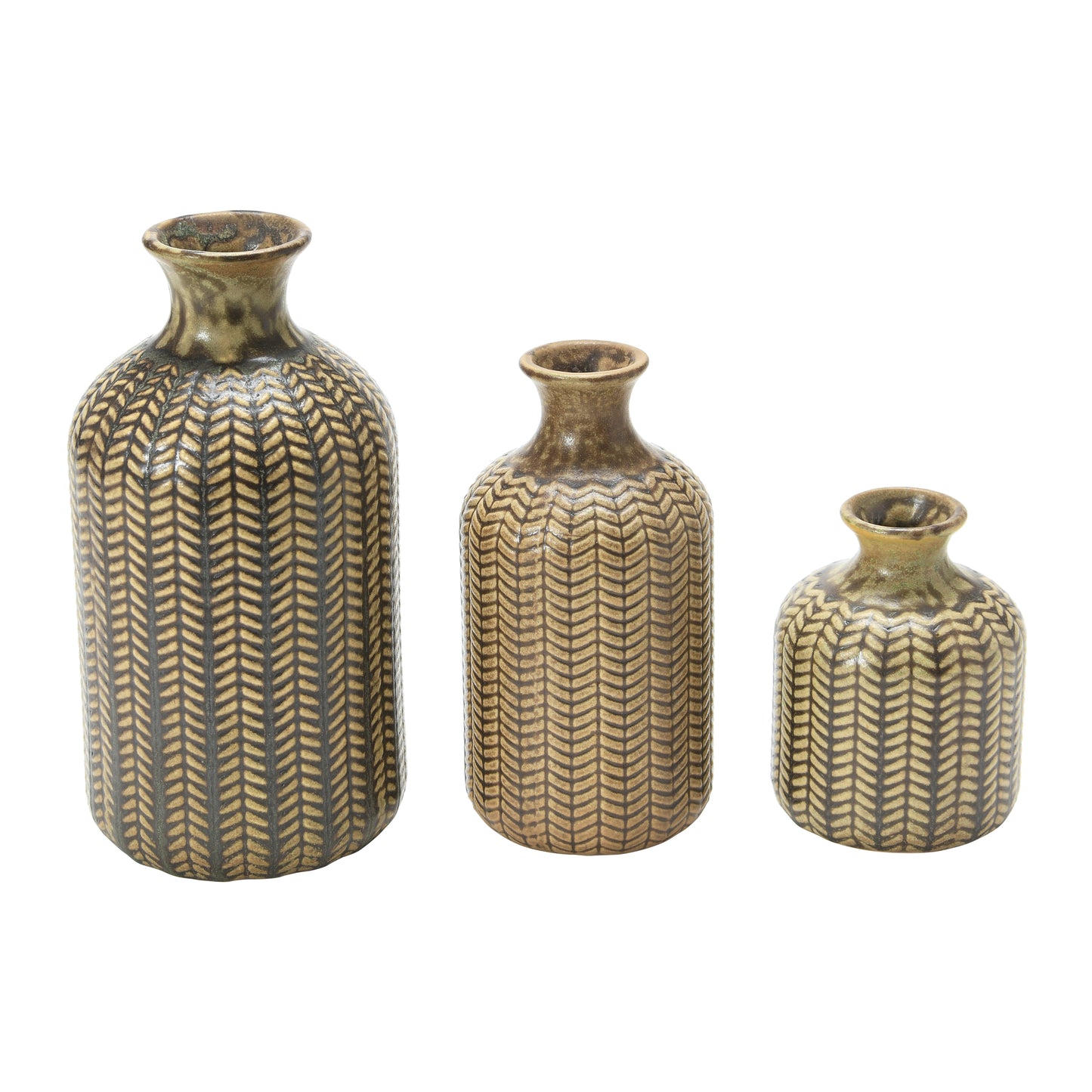 Set de 3 Jarrones de Gres Repujado – Verde Oliva Mate