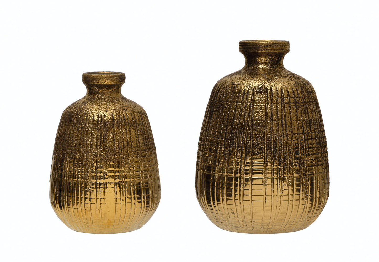 Jarrón de Terracota Texturizado con Líneas, Acabado Dorado