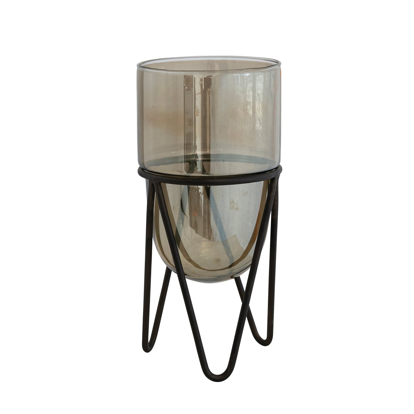 Set de 2 Portavelas de Vidrio Tornasolado con Base Metálica, Marrón Mate (Para Velas de Pilar de 5")
