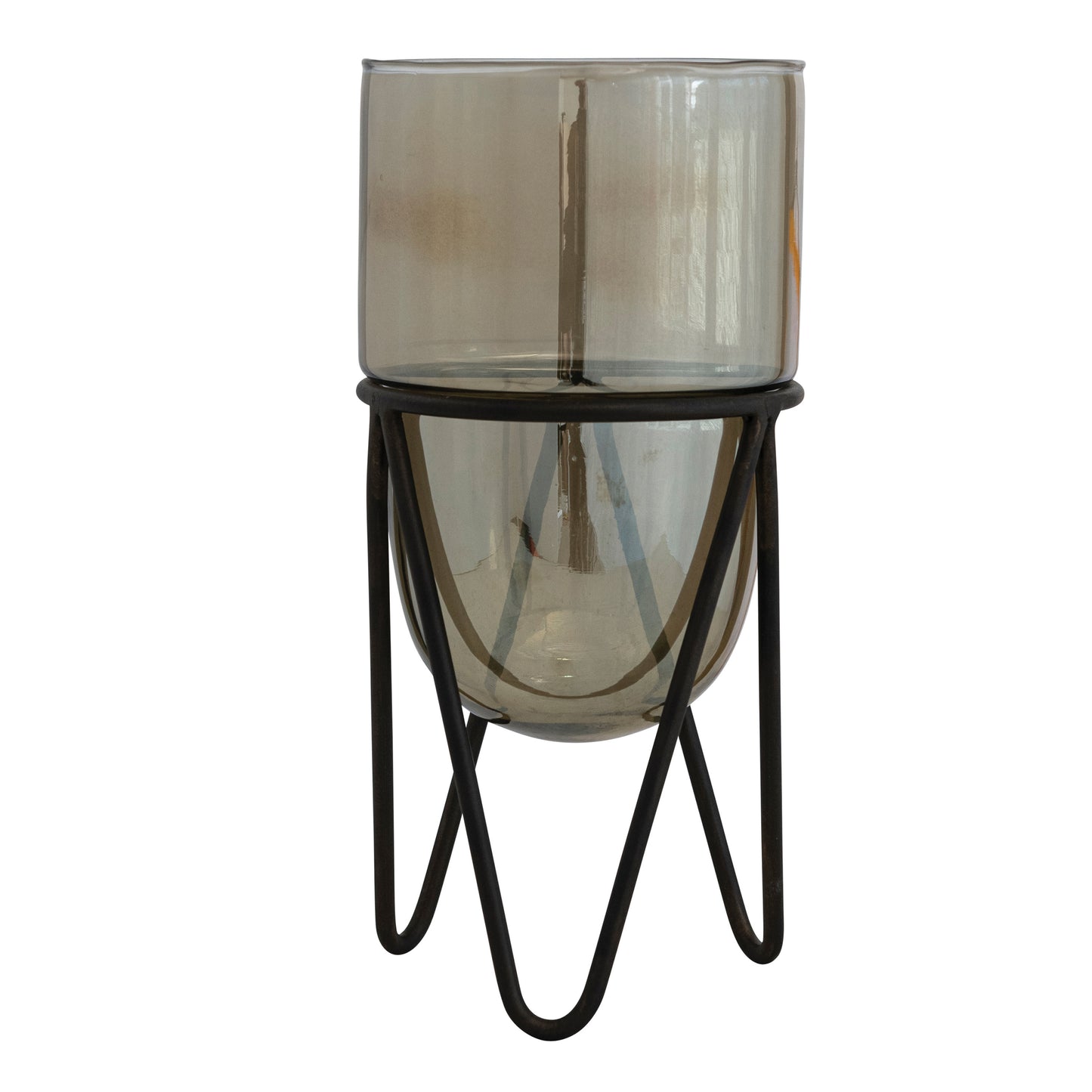 Set de 2 Portavelas de Vidrio Tornasolado con Base Metálica, Marrón Mate (Para Velas de Pilar de 5")