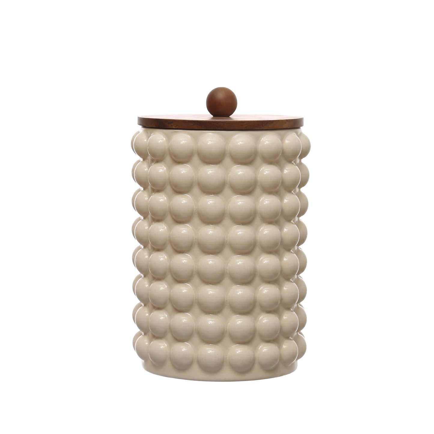 Contenedor de Gres con Relieve de Puntos y Tapa de Madera de Acacia