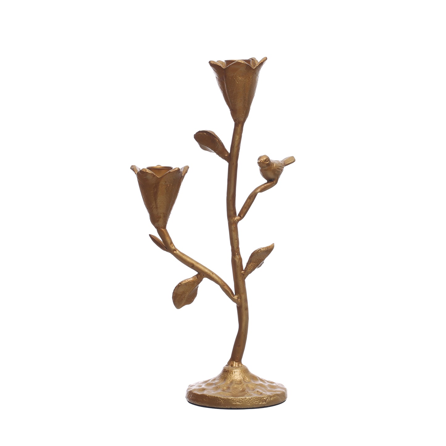 Candelabro de Hierro Forjado con Flores y Pájaro (Para 2 Velas Delgadas)
