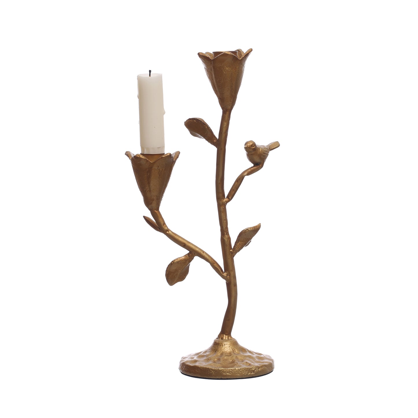 Candelabro de Hierro Forjado con Flores y Pájaro (Para 2 Velas Delgadas)