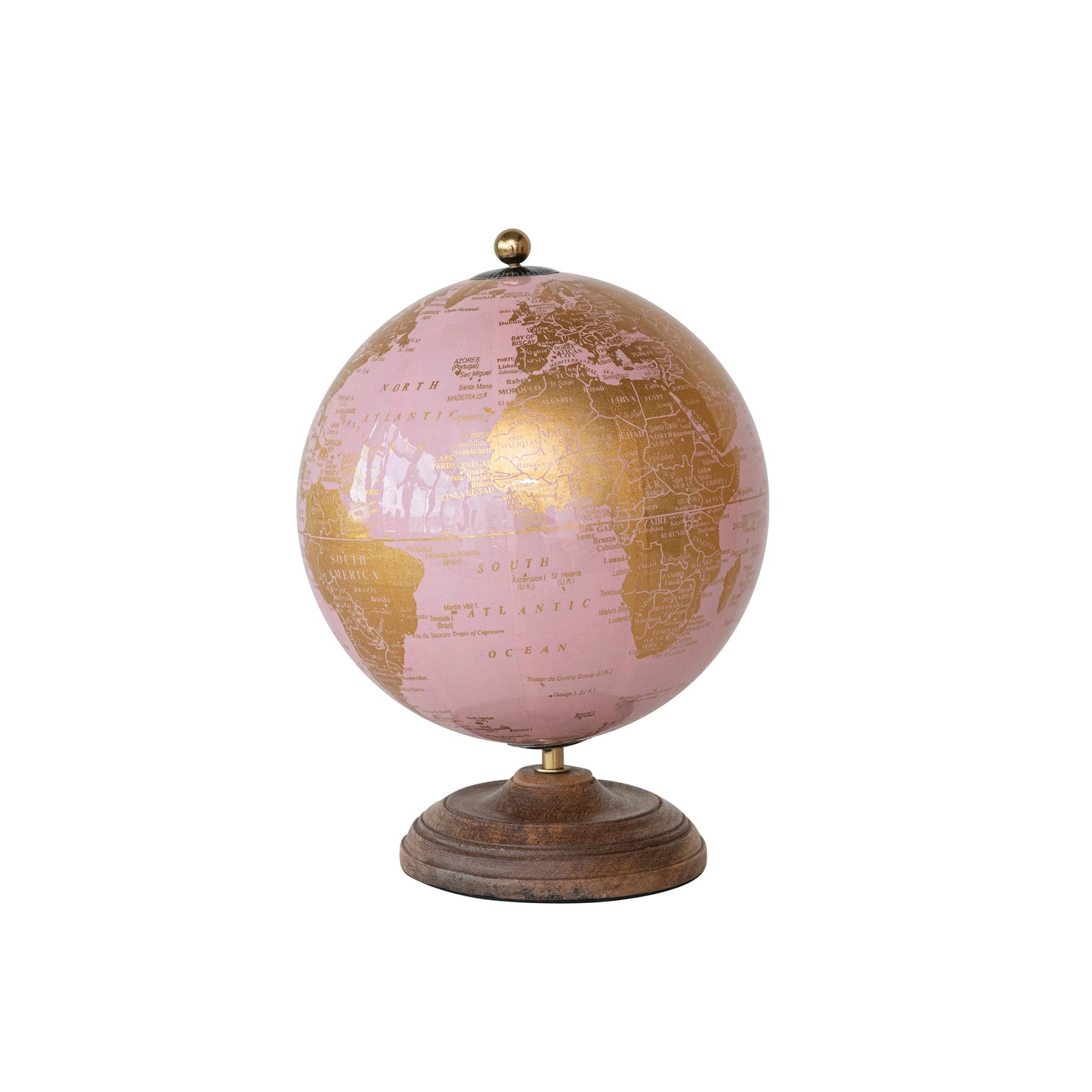 Globo Terráqueo de Metal y PVC sobre Base de Madera de Mango, Colores Rosa y Dorado