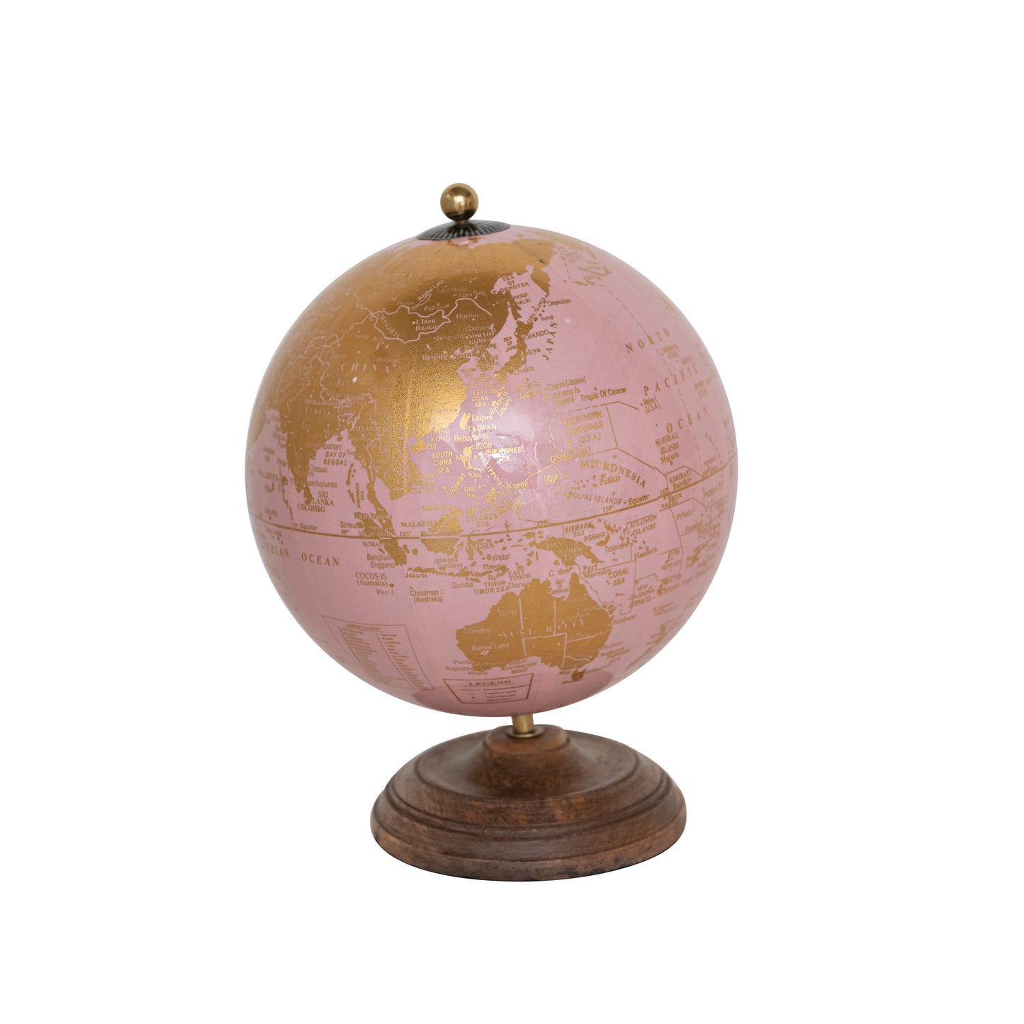 Globo Terráqueo de Metal y PVC sobre Base de Madera de Mango, Colores Rosa y Dorado