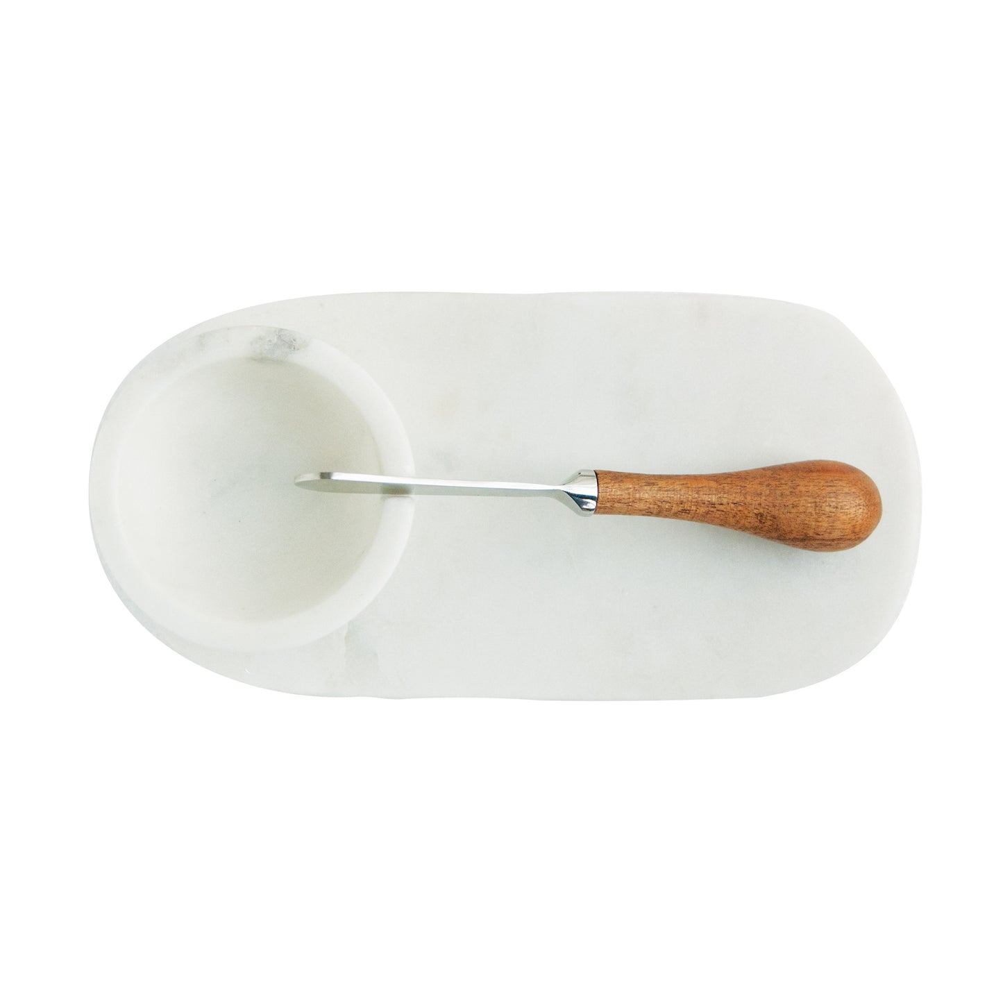 Set de Tabla de Mármol para Quesos con Cuenco y Cuchillo Canapé – Blanco y Natural, 3 Piezas