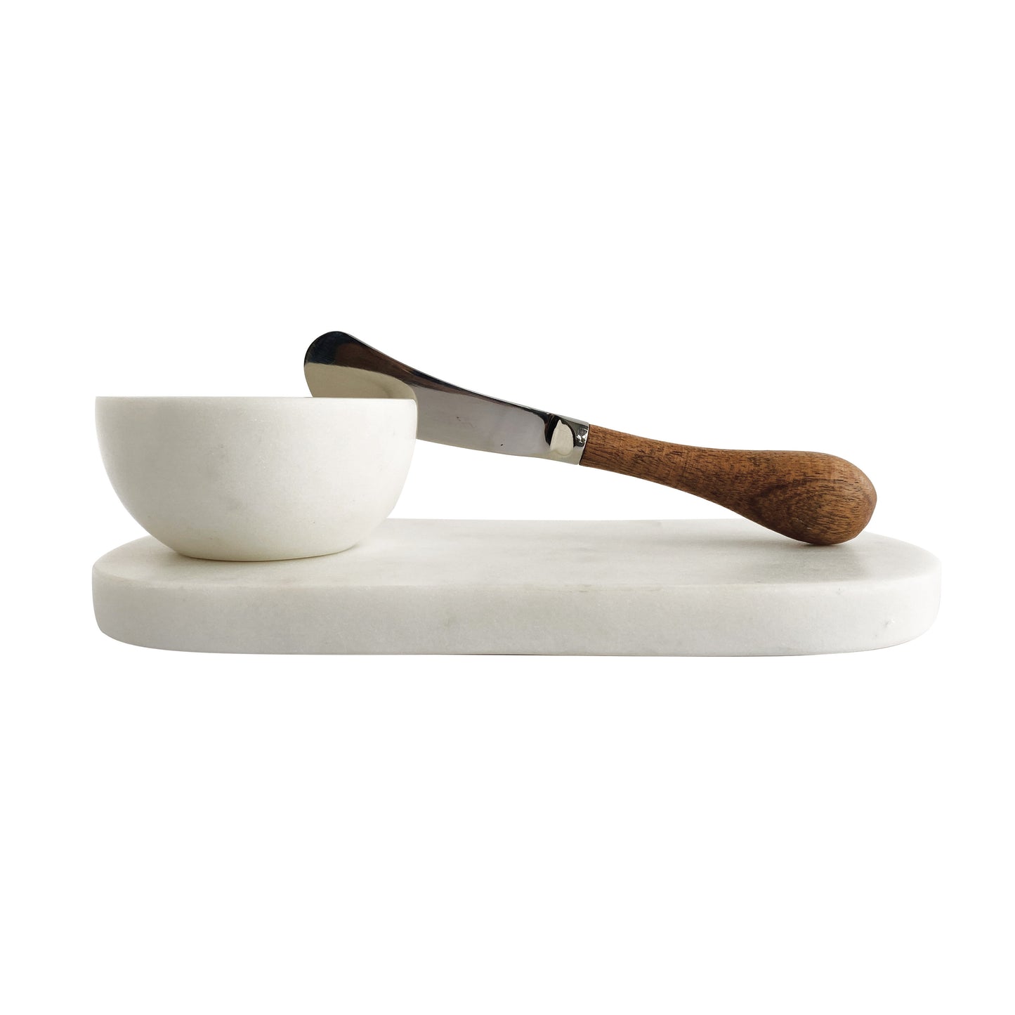 Set de Tabla de Mármol para Quesos con Cuenco y Cuchillo Canapé – Blanco y Natural, 3 Piezas