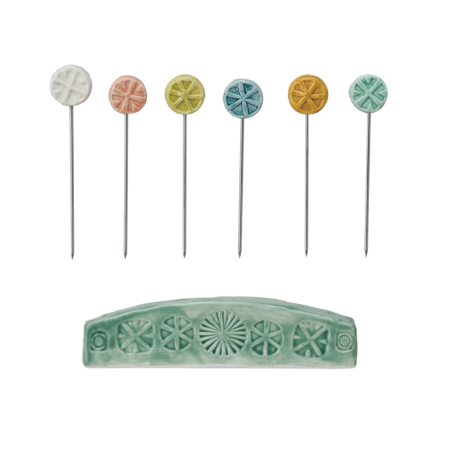 Set de 7 Pinchos para Aperitivos de Gres con Soporte – Pintados a Mano, Diseño en Relieve