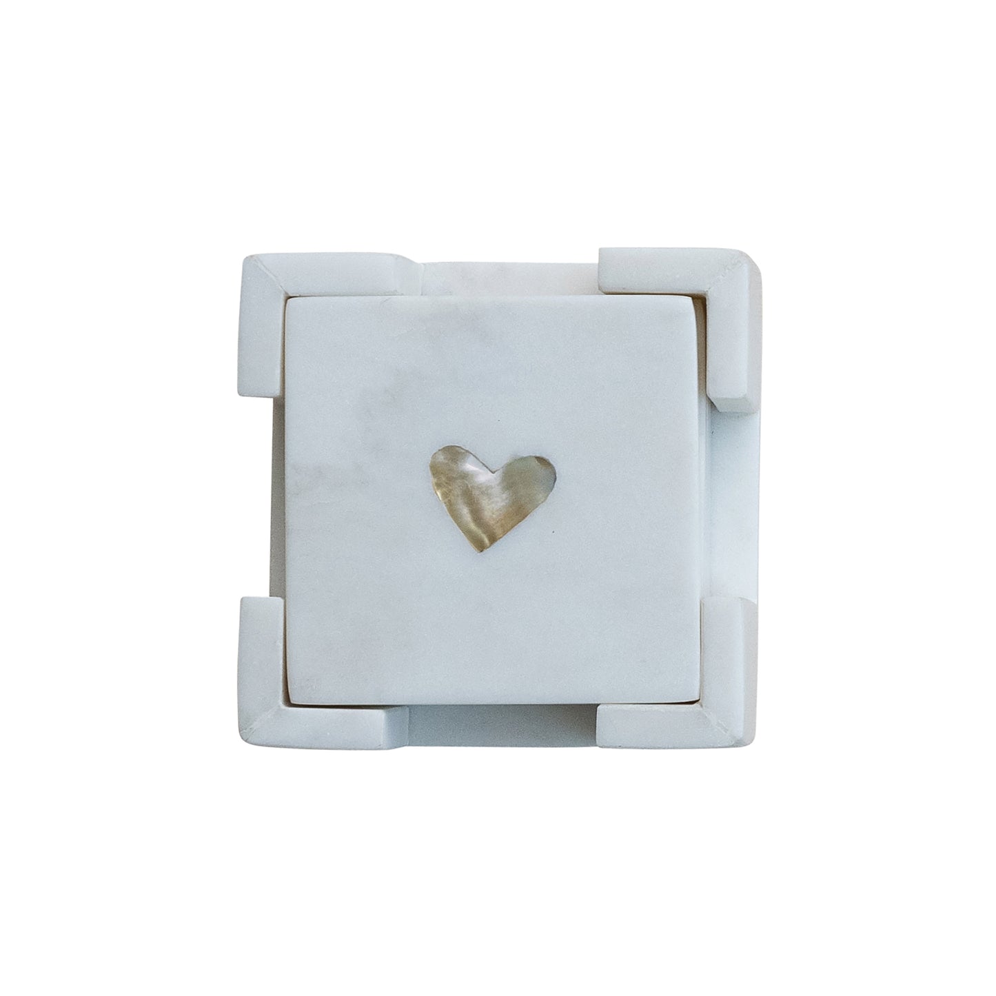 Set de 5 Posavasos de Mármol con Incrustación de Nácar en Forma de Corazón y Soporte – Blanco y Natural