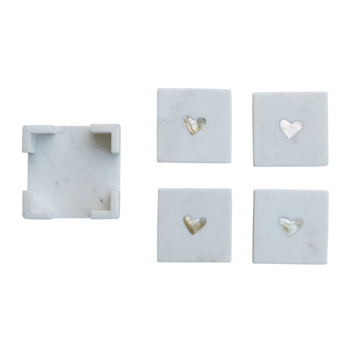 Set de 5 Posavasos de Mármol con Incrustación de Nácar en Forma de Corazón y Soporte – Blanco y Natural