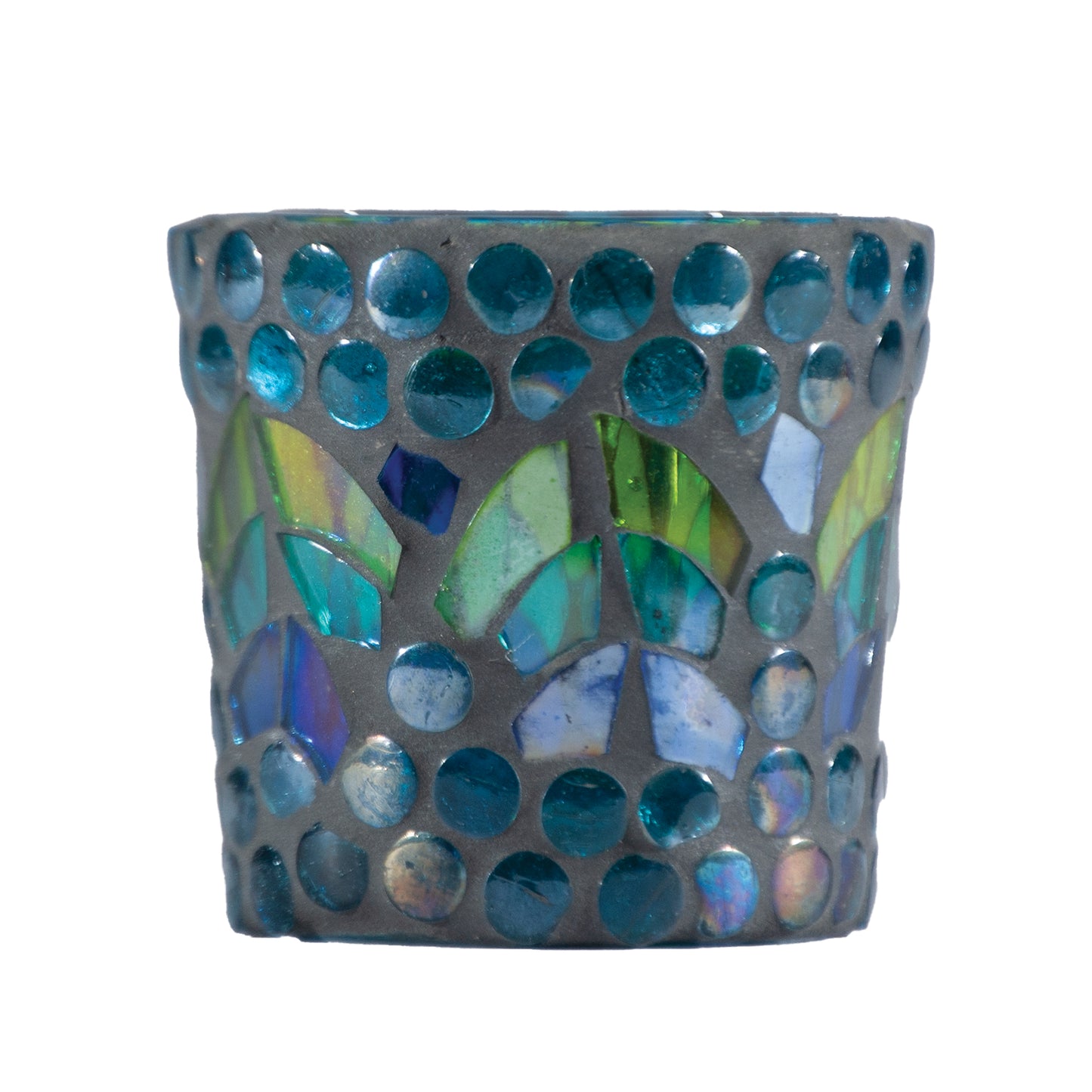 Portavelas de mosaico de vidrio azul