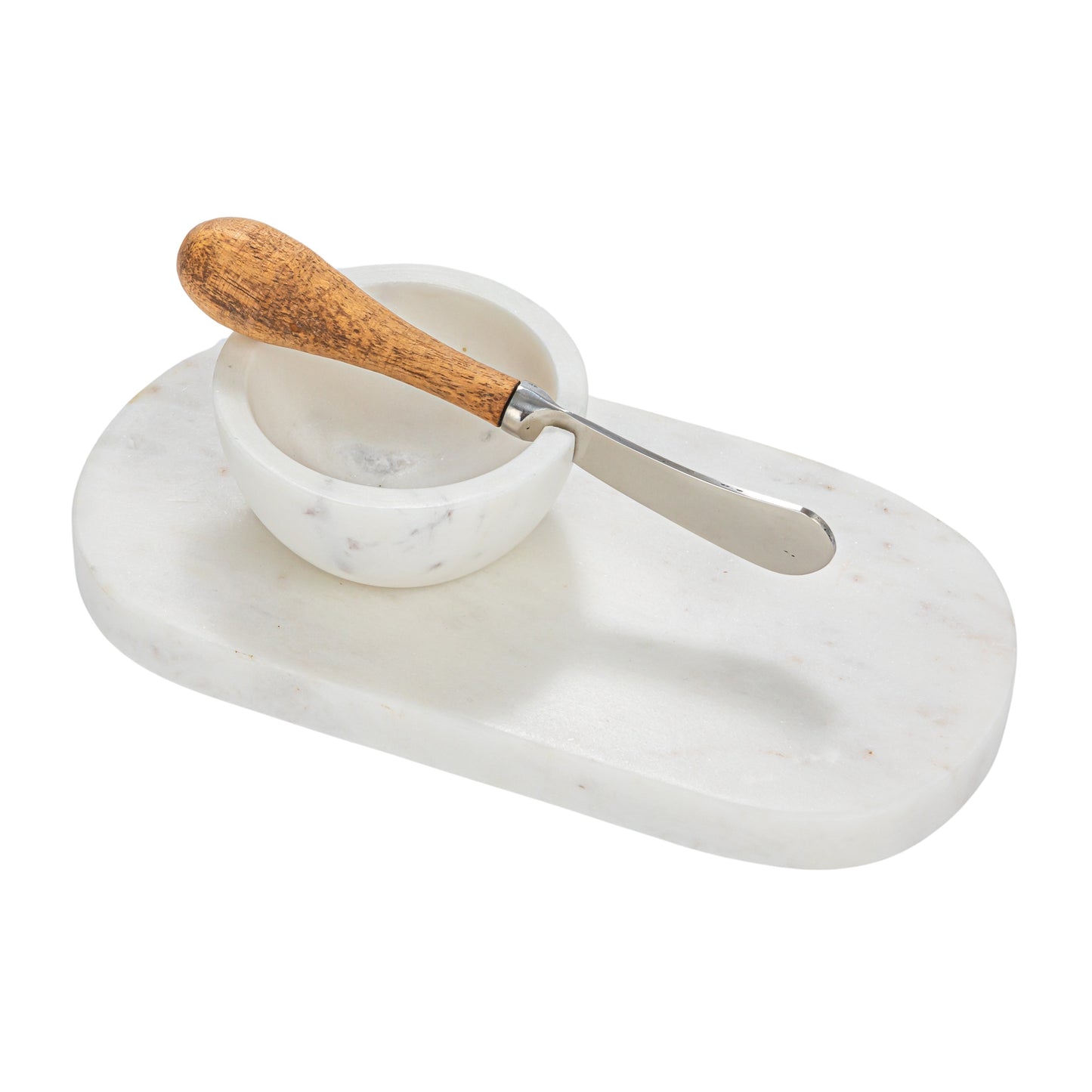 Set de Tabla de Mármol para Quesos con Cuenco y Cuchillo Canapé – Blanco y Natural, 3 Piezas