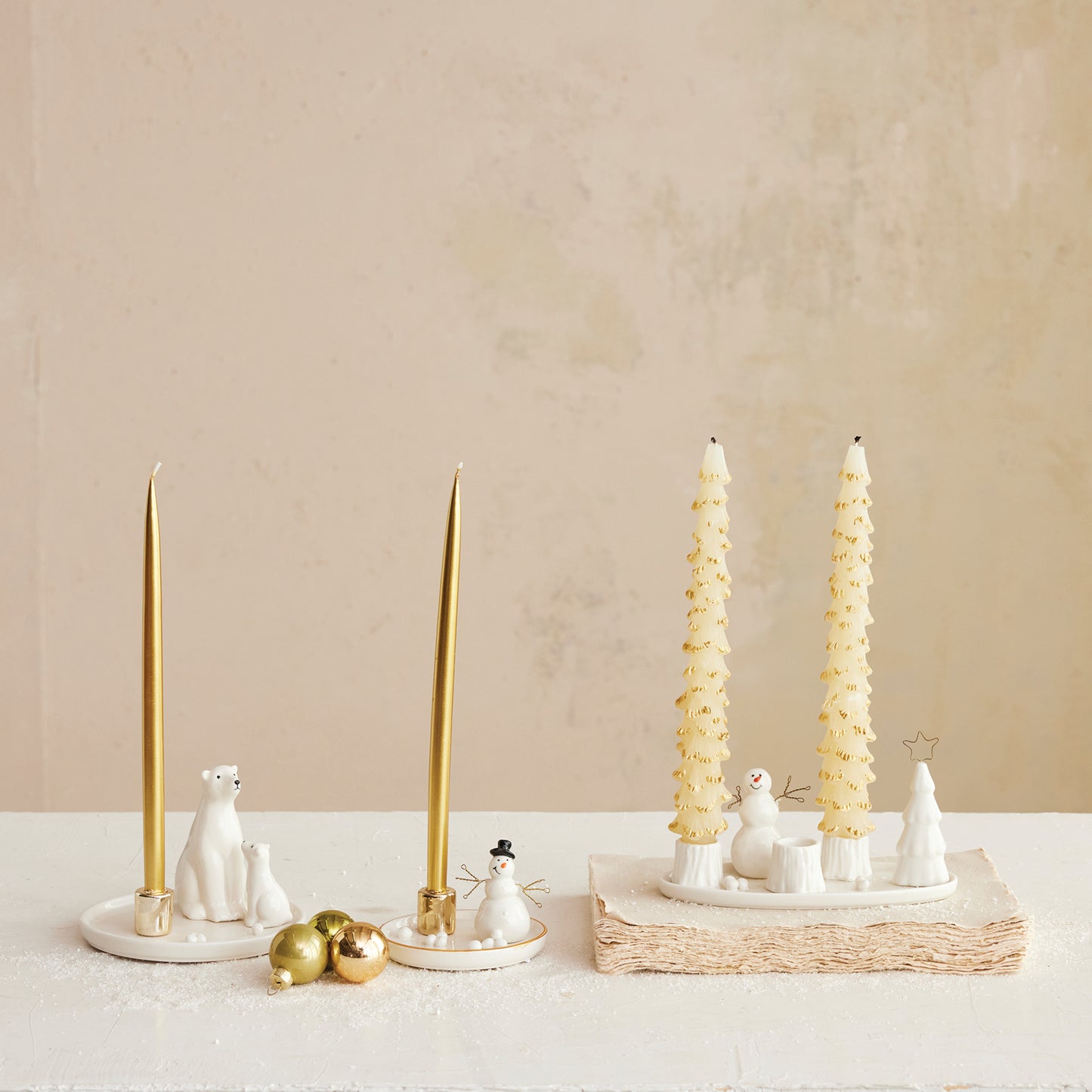 Candelabro Navideño Muñeco de Nieve y Árbol en Gres