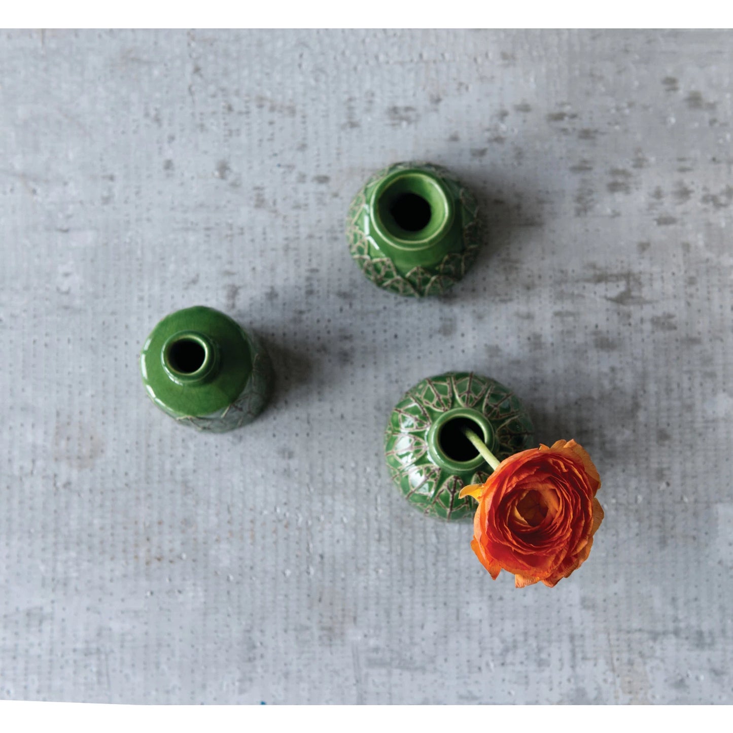 Set de 3 Jarrones de Gres con Relieve, Color Verde
