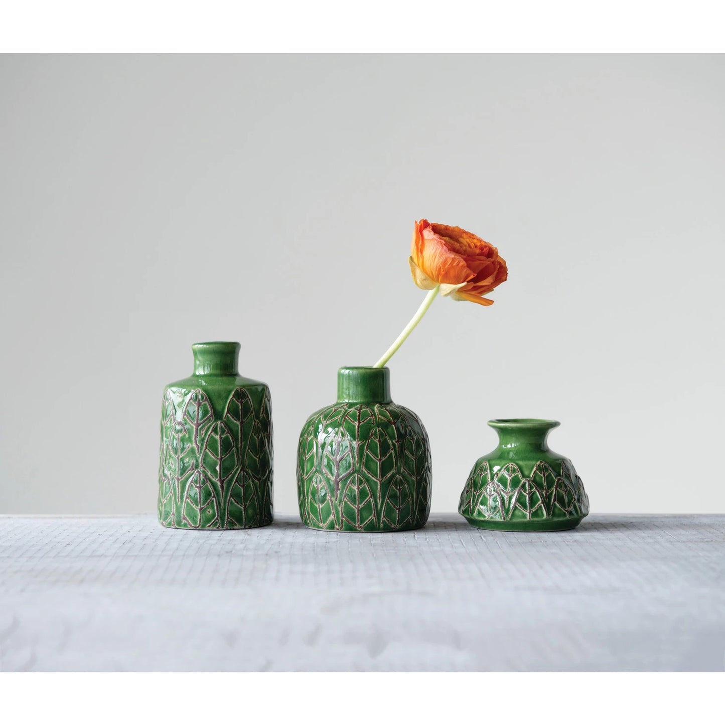 Set de 3 Jarrones de Gres con Relieve, Color Verde