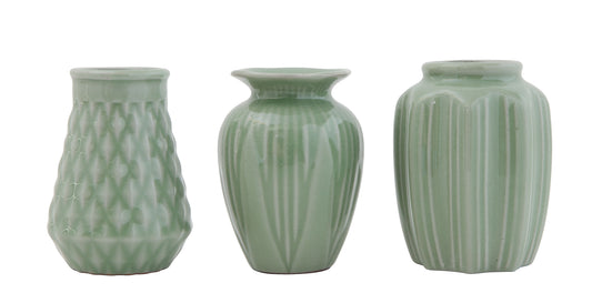 Set de 3 Jarrones de Gres con Esmaltado Jade Craquelado