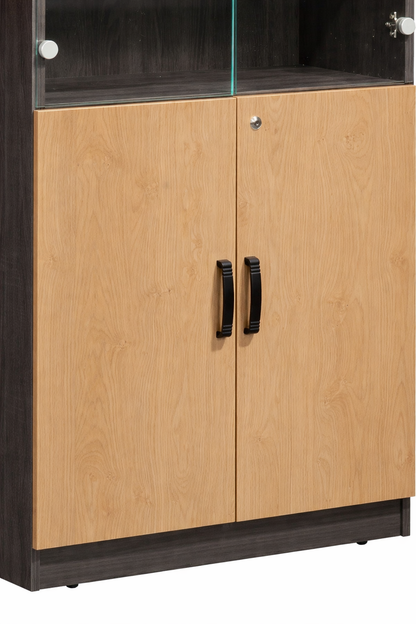 Librero con puerta de vidrio y gabinete con puerta de madera