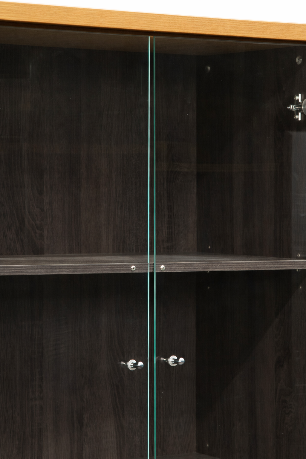 Librero con puerta de vidrio y gabinete con puerta de madera
