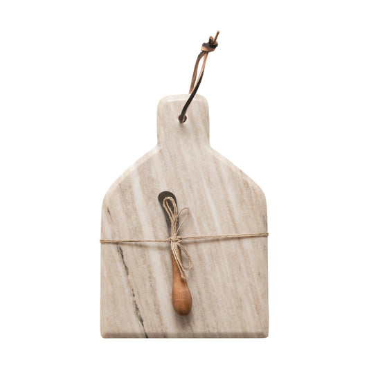 Tabla de Mármol con Cuchillo y Asa de Cuero – Set de 2