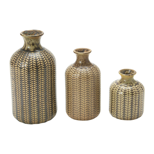 Set de 3 Jarrones de Gres Repujado – Verde Oliva Mate