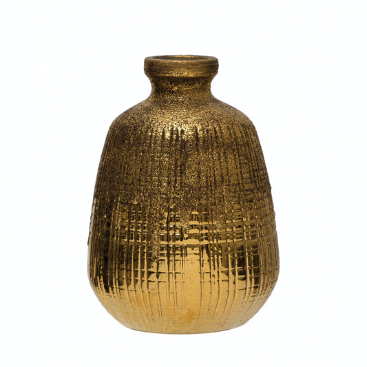 Jarrón de Terracota Texturizado con Líneas, Acabado Dorado