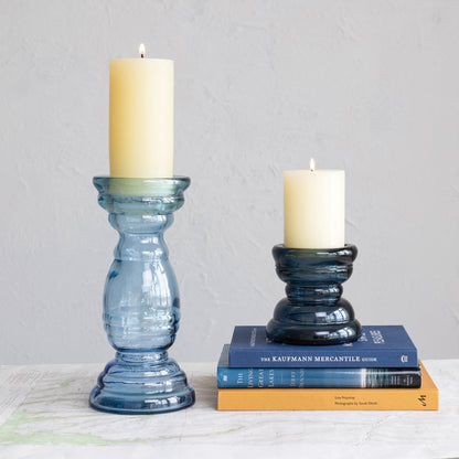 Portavelas de Vidrio Reciclado para Velas Pilar, Azul (Pequeño)