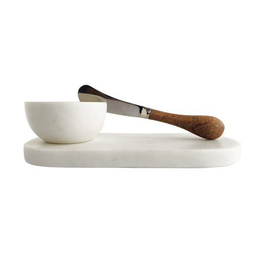Set de Tabla de Mármol para Quesos con Cuenco y Cuchillo Canapé – Blanco y Natural, 3 Piezas