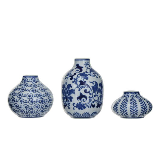 Juego de 3 floreros de gres. Color azul y blanco