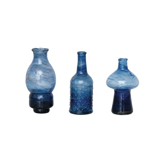 Juego de 3 floreros de vidrio reciclado. Color azul.