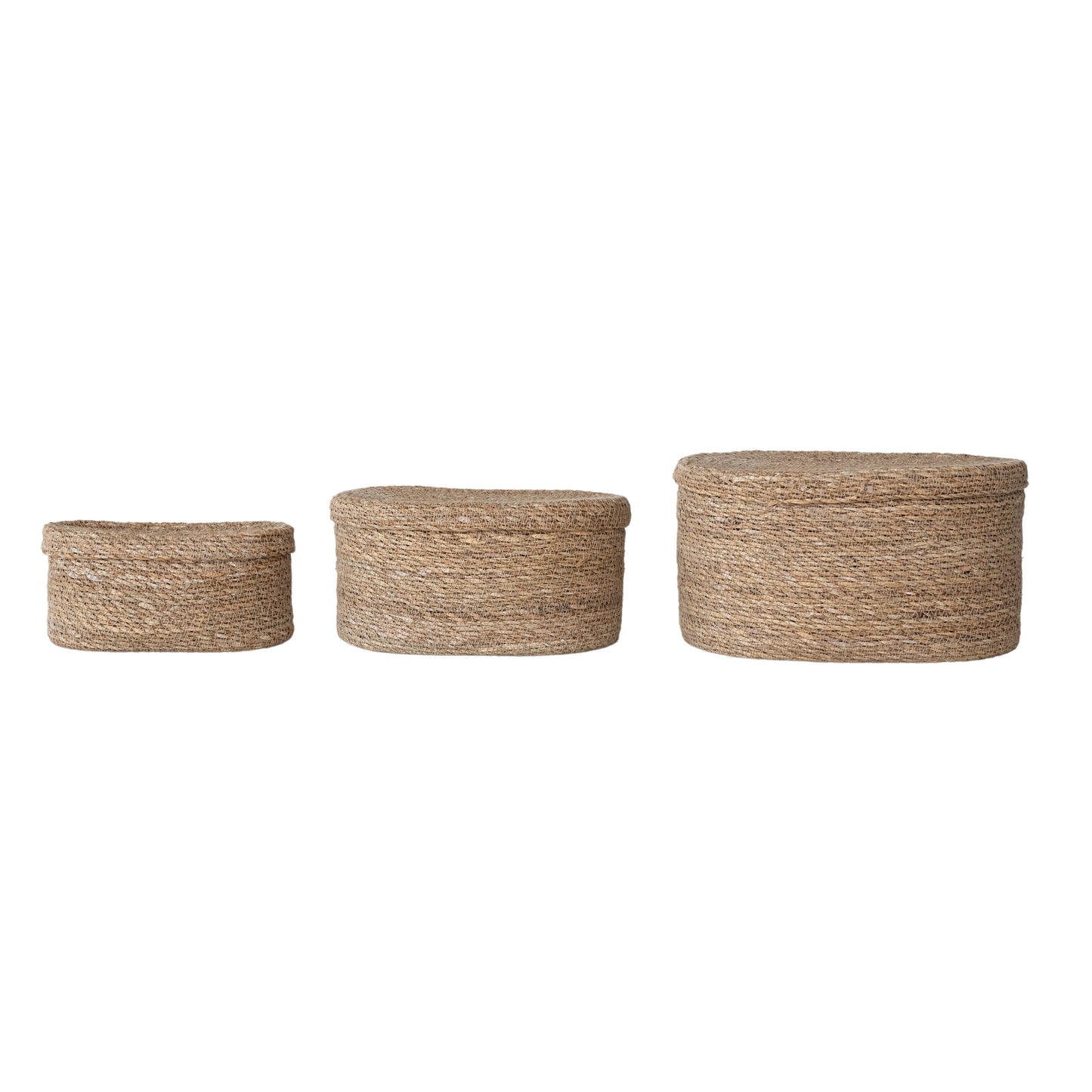 Canastas Ovaladas de Pasto Marino Tejidas a Mano con Tapa, Naturales, Juego de 3
