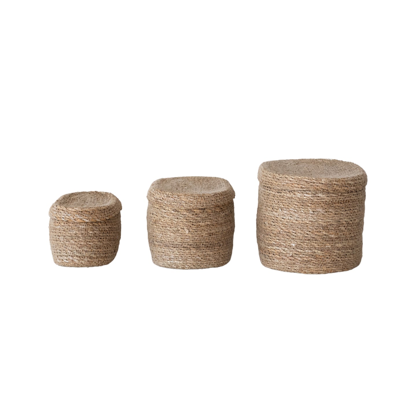 Canastas Ovaladas de Pasto Marino Tejidas a Mano con Tapa, Naturales, Juego de 3