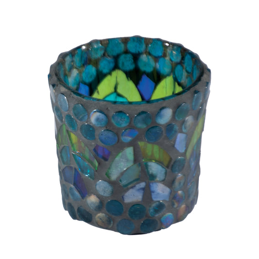 Portavelas de mosaico de vidrio azul