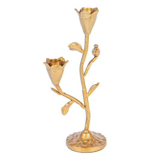 Candelabro de Hierro Forjado con Flores y Pájaro (Para 2 Velas Delgadas)