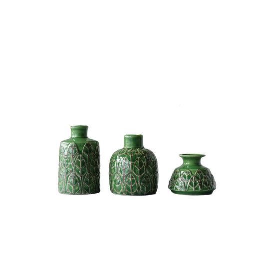 Set de 3 Jarrones de Gres con Relieve, Color Verde