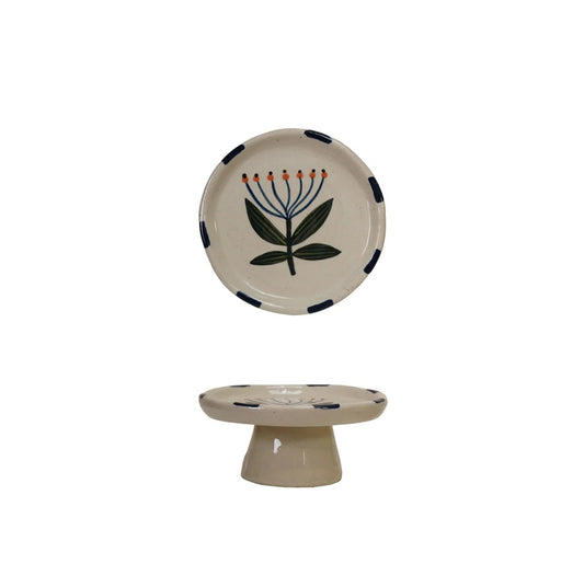 Pedestal de gres pintado a mano- Flor Azul