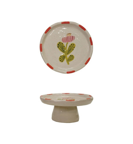 Pedestal de gres pintado a mano- Flor Rosada